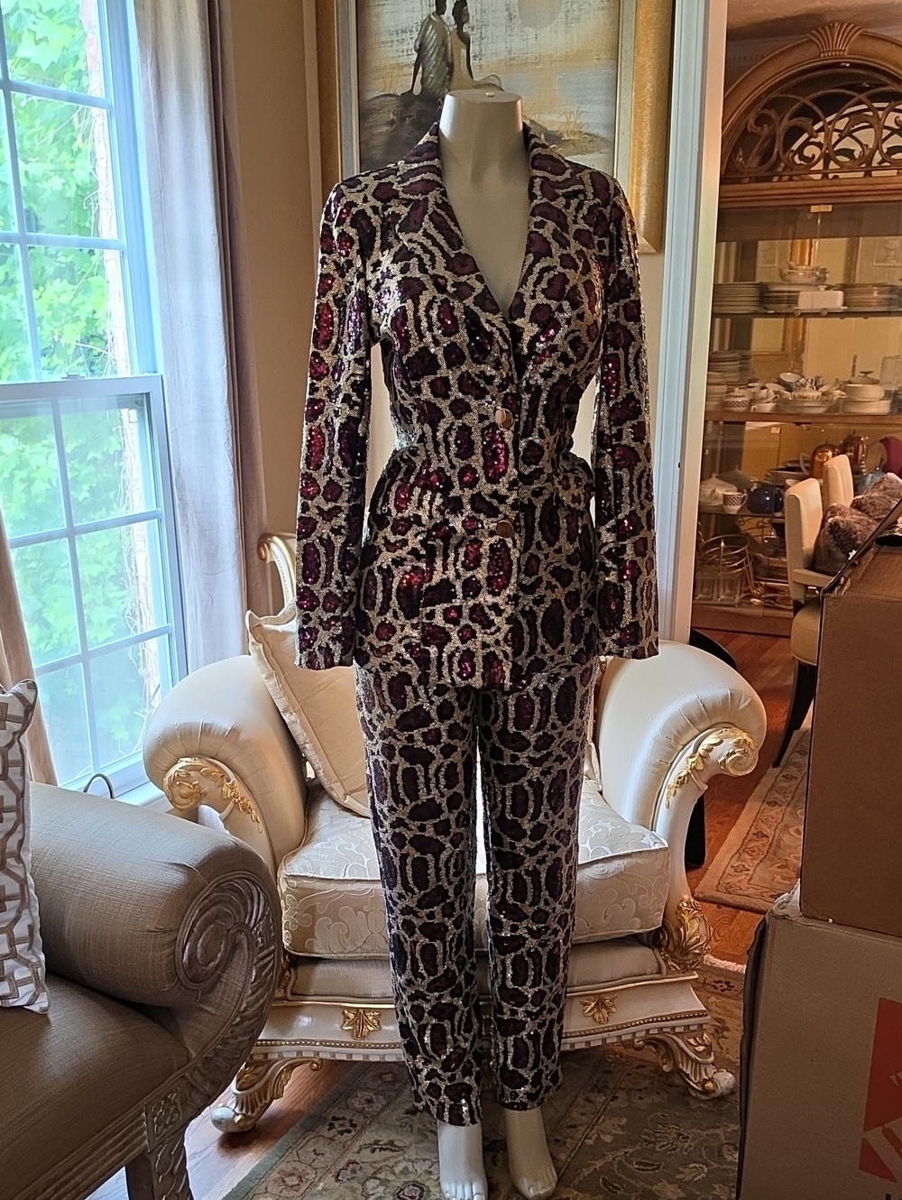 Sequin Animal-Print Blazer & Pant Set - Wine and Black .N.W.T.